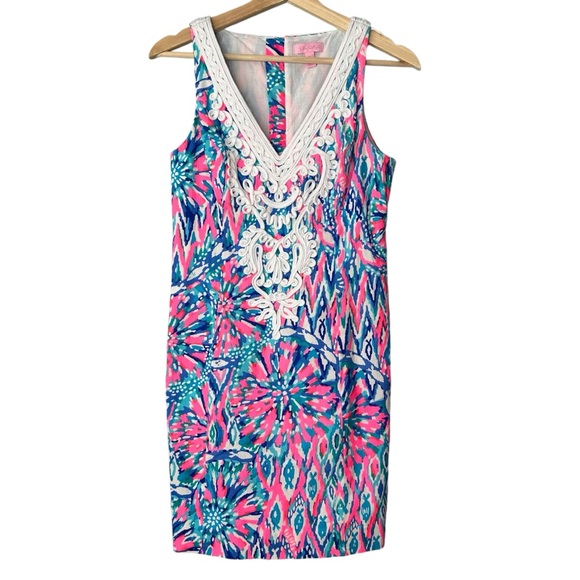 Lilly Pulitzer Gabby Shift Dress in Tiki Pink with Embellished Neckline Size 0 - Picture 7 of 11